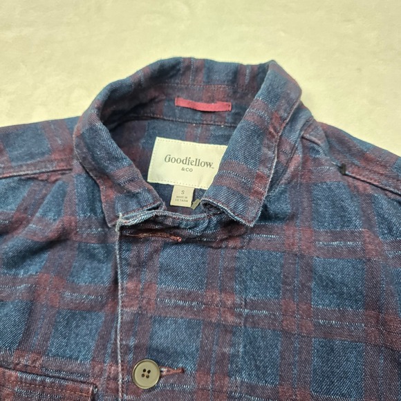 Goodfellow Plaid Denim‎ Chore Jacket Mens Small Blue Burgundy Trucker Style - Picture 6 of 12